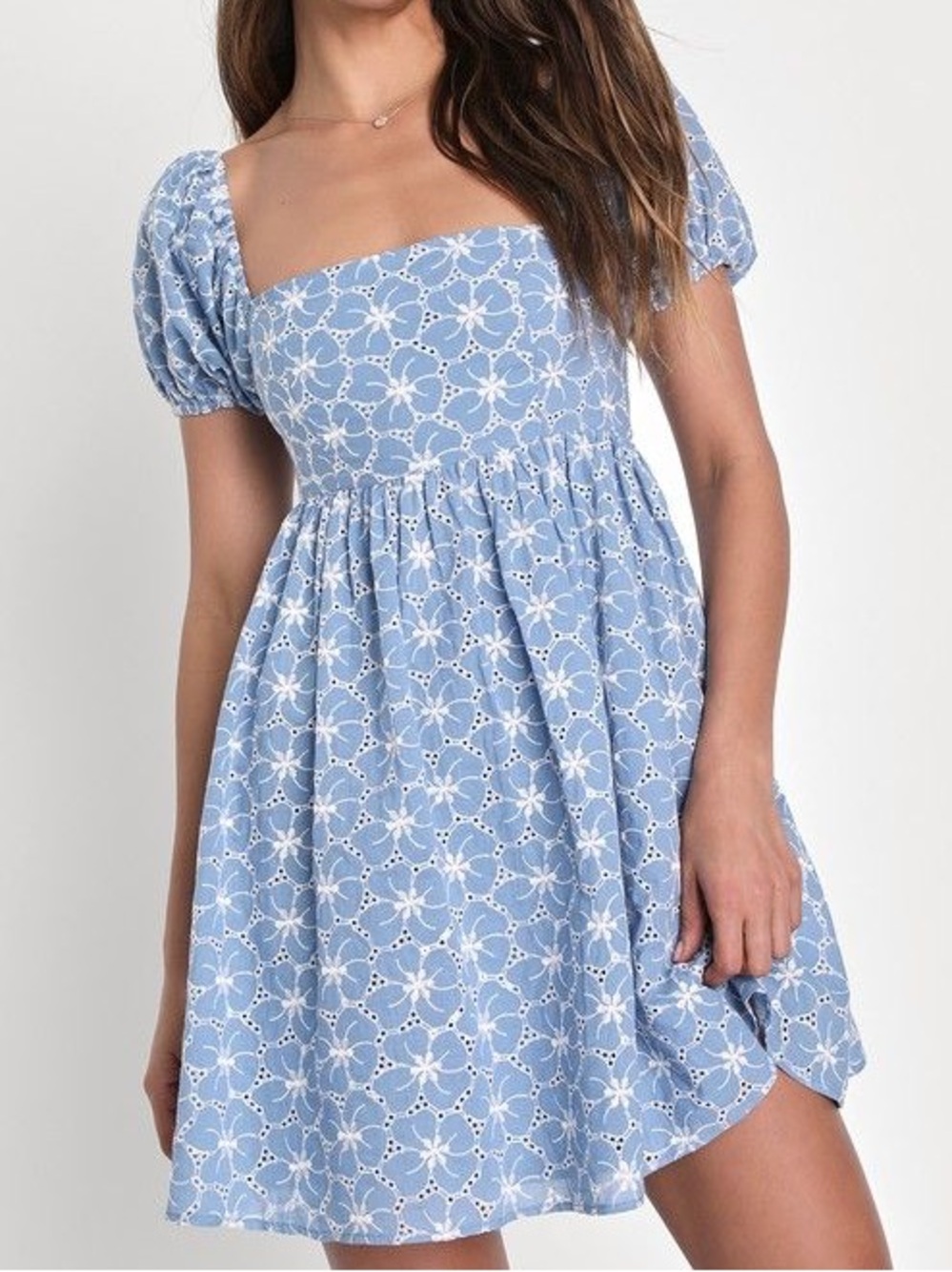 Blue Puff-Sleeve Embroidered Babydoll Dress - Women's
